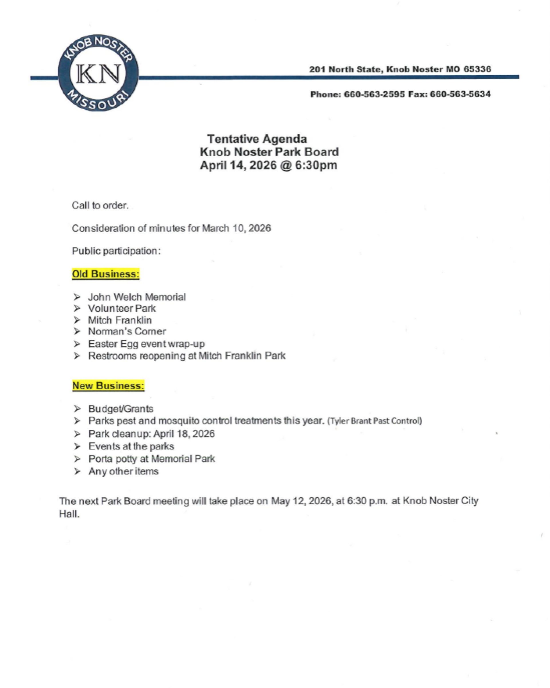 Park and Rec Tentative Agenda April 14 2026